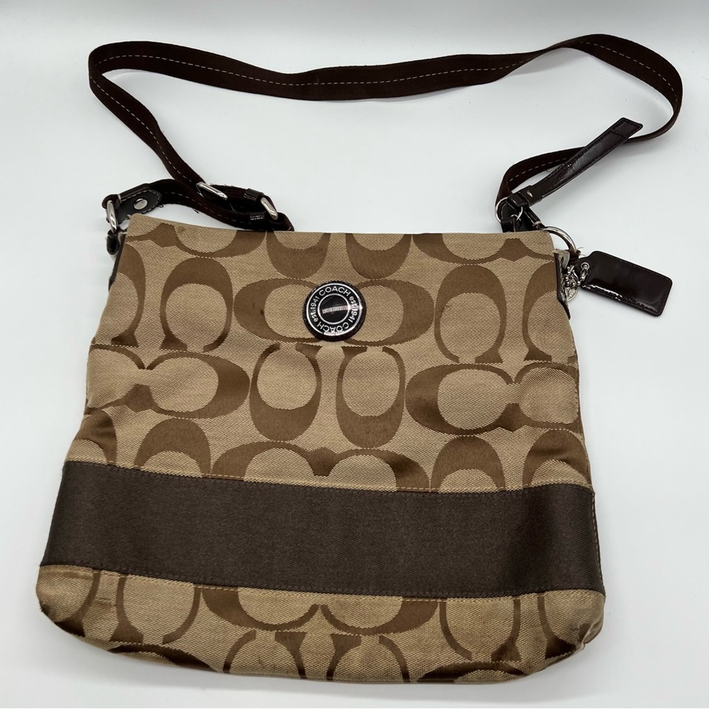 Coach Cross Body Satchel Purse Monogram Pattern Strap Brown